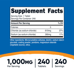 Nutricost Sodium Chloride tablets close-up highlighting 1,000 mg per tablet.