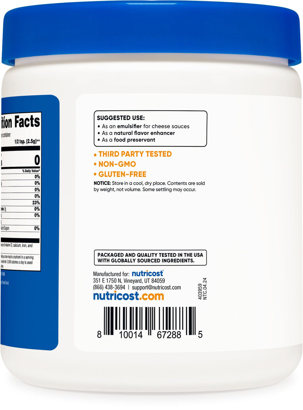 Nutricost Sodium Citrate bottle highlighting food preservation use.