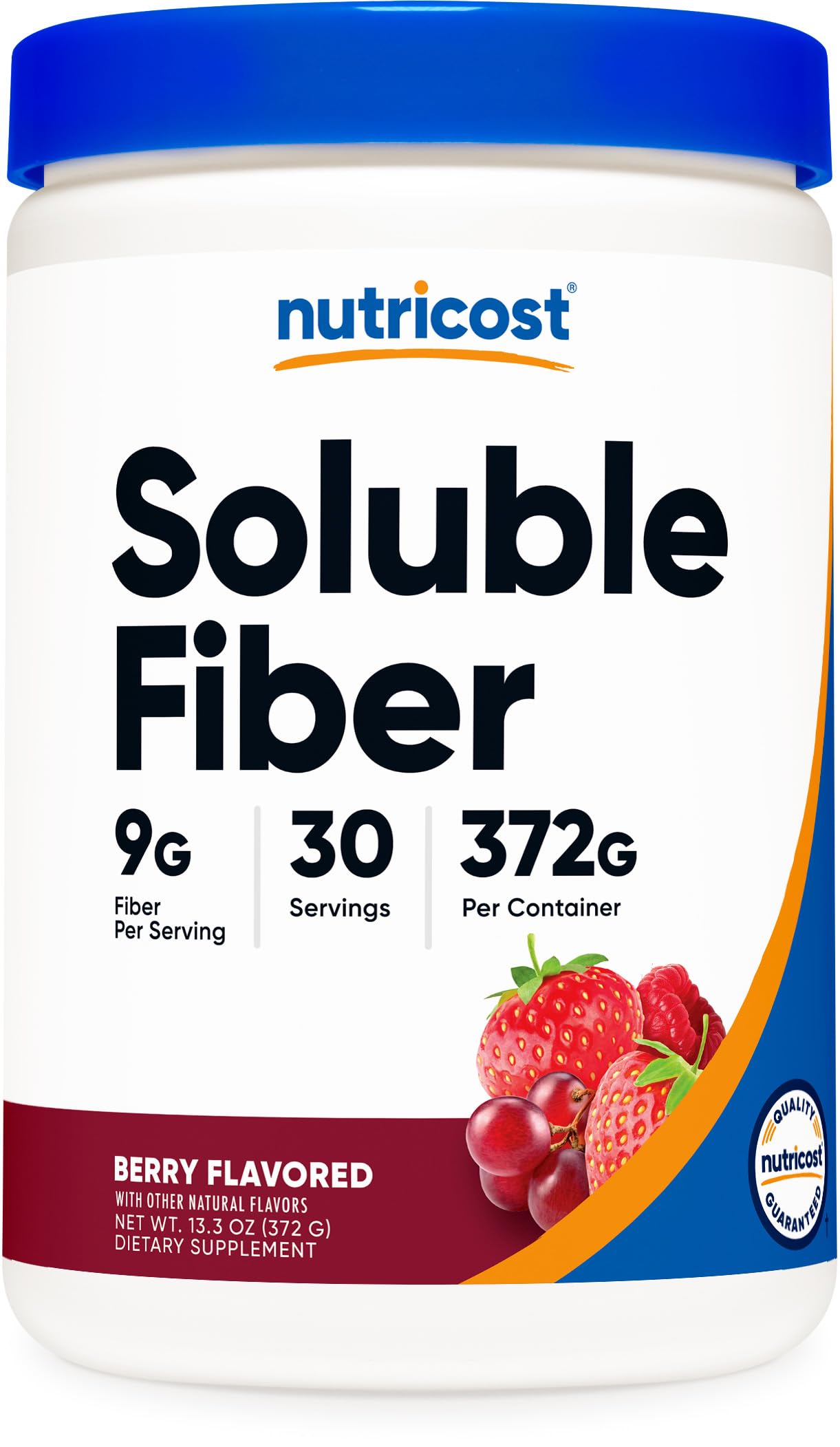 Nutricost Soluble Fiber Berry bottle highlights vegan and gluten-free formula benefits.