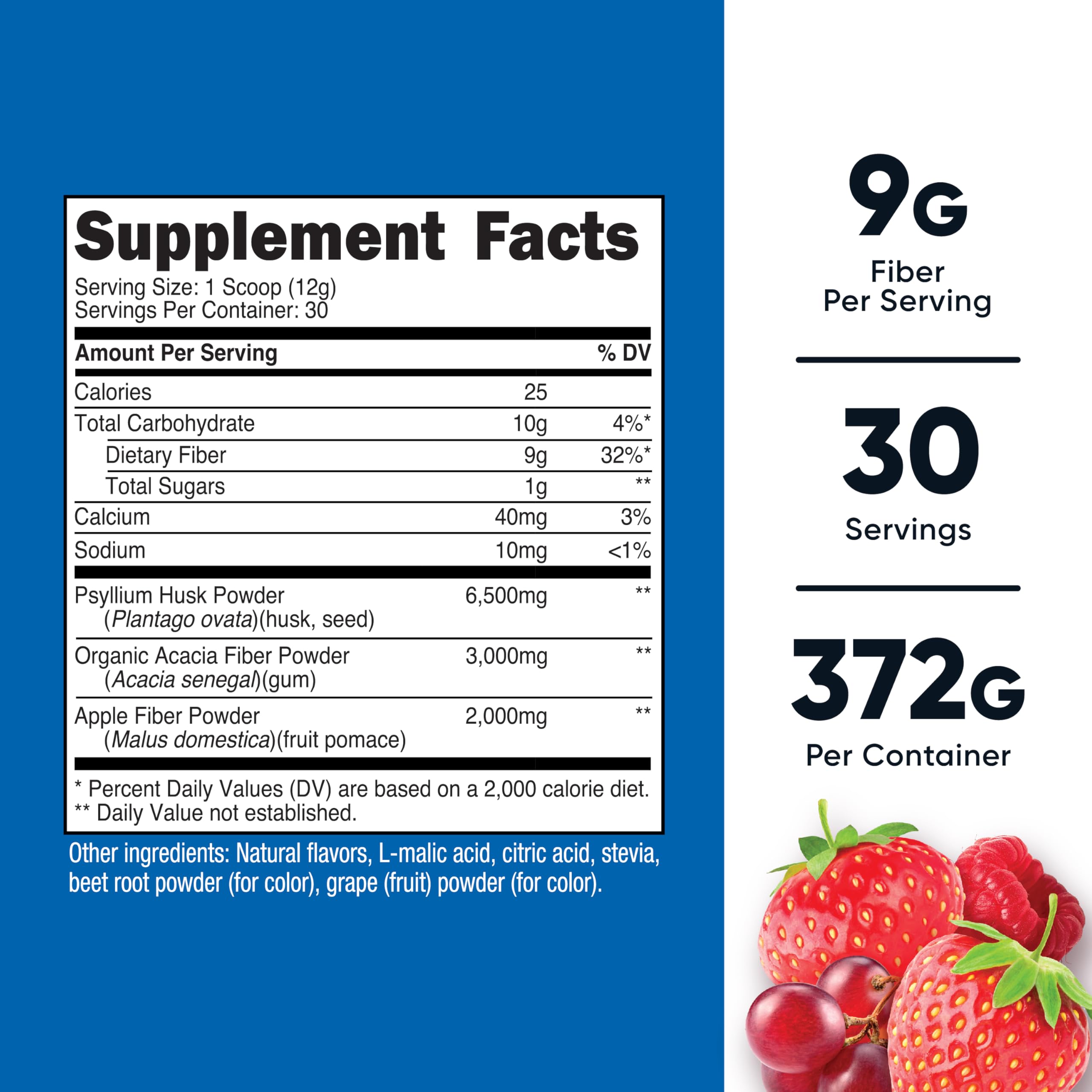 Nutricost Soluble Fiber Berry powder with scoop for easy daily mixing.
