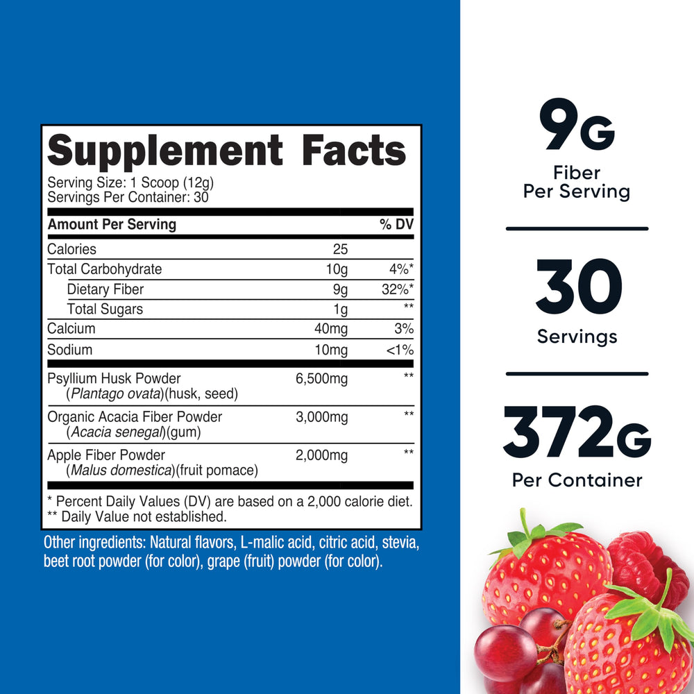 Nutricost Soluble Fiber Berry powder with scoop for easy daily mixing.