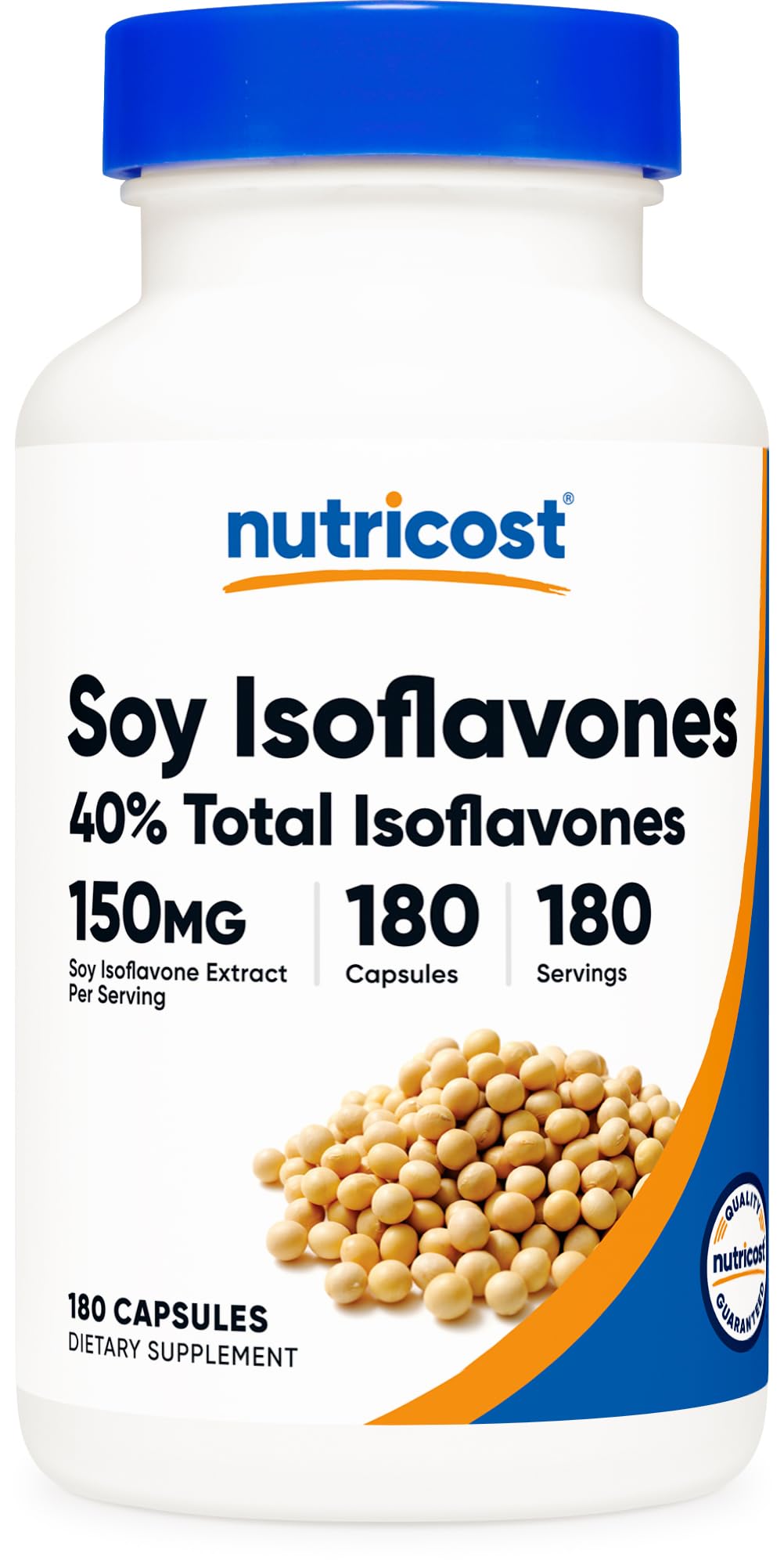 Nutricost Soy Isoflavones bottle displays 180 veggie capsules for daily vegan wellness.