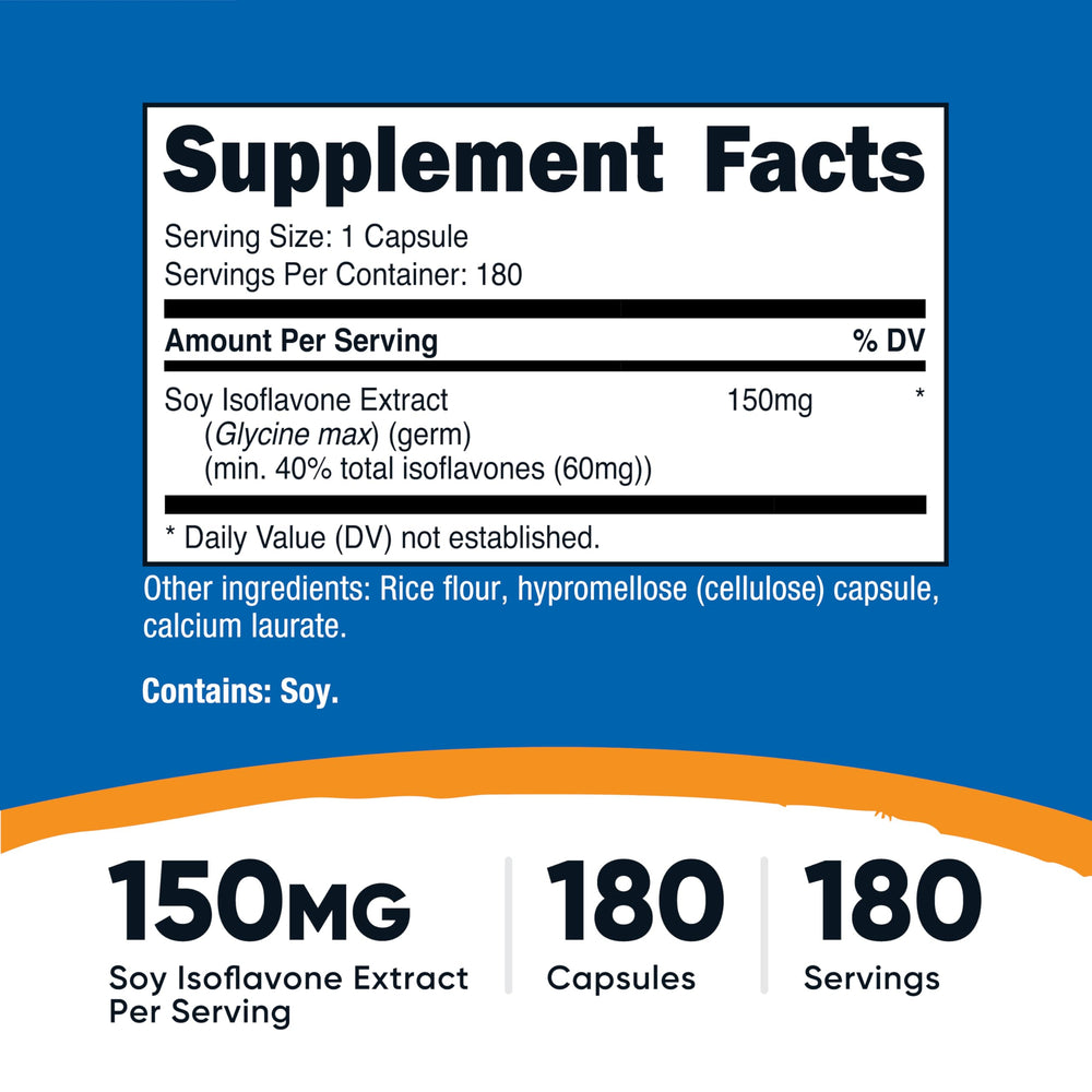 Nutricost Soy Isoflavones capsules closeup highlights 150 mg per capsule.
