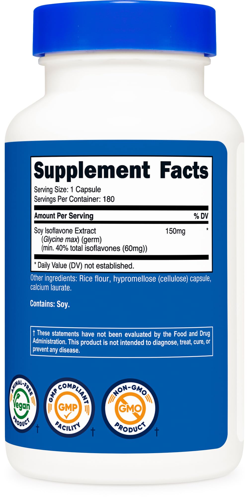 Nutricost Soy Isoflavones packaging emphasizes vegan-friendly, gluten-free option.