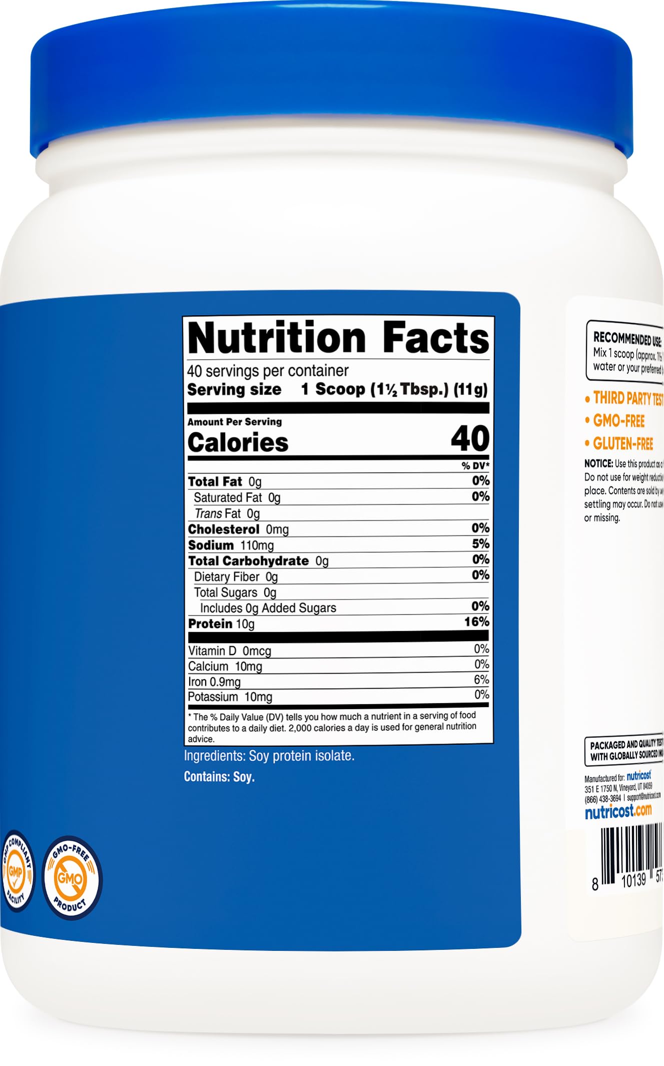 Nutricost soy protein isolate powder packaging emphasizes 1 lb value and quality