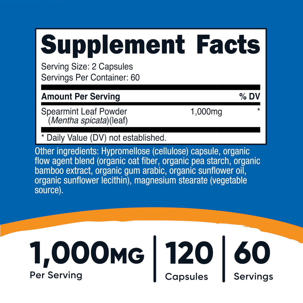 Close-up of Nutricost Spearmint Leaf capsules highlighting 1000mg per serving.