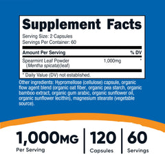 Close-up of Nutricost Spearmint Leaf capsules highlighting 1000mg per serving.