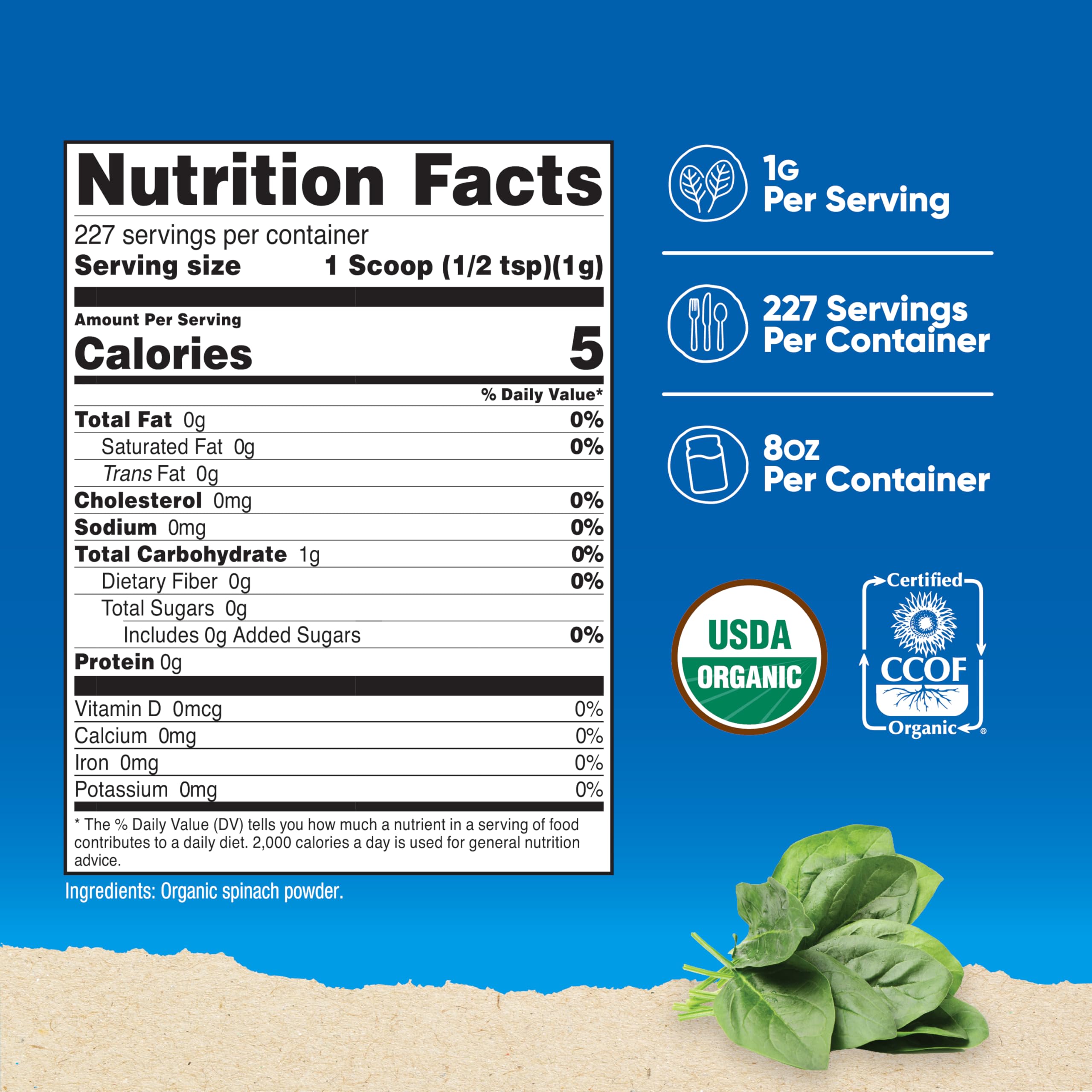 Nutricost spinach powder serving scoop on counter for easy portions