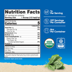 Nutricost spinach powder serving scoop on counter for easy portions