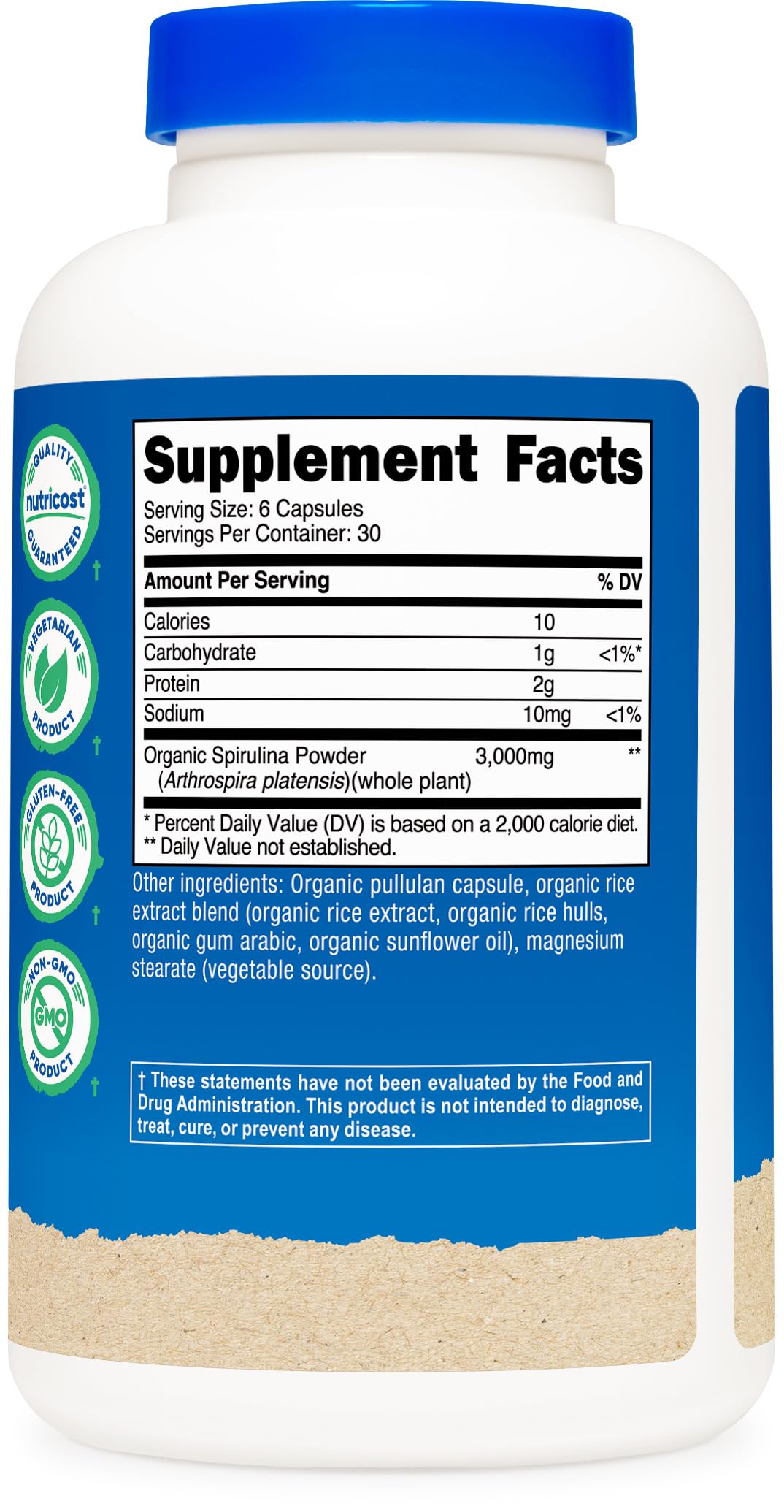 Nutricost Spirulina bottle beside a smoothie, illustrating daily usage