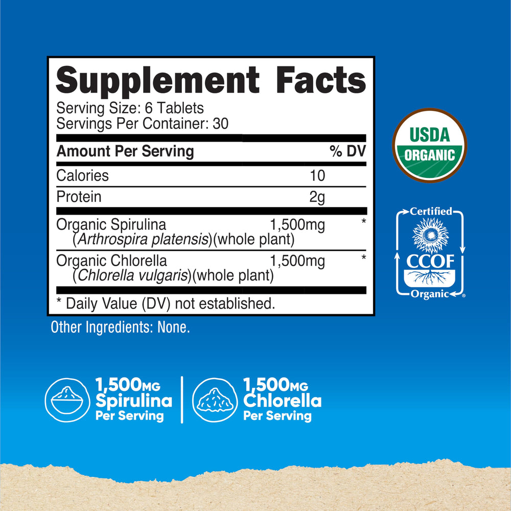 Nutricost Spirulina Chlorella tablets poured illustrate easy daily intake