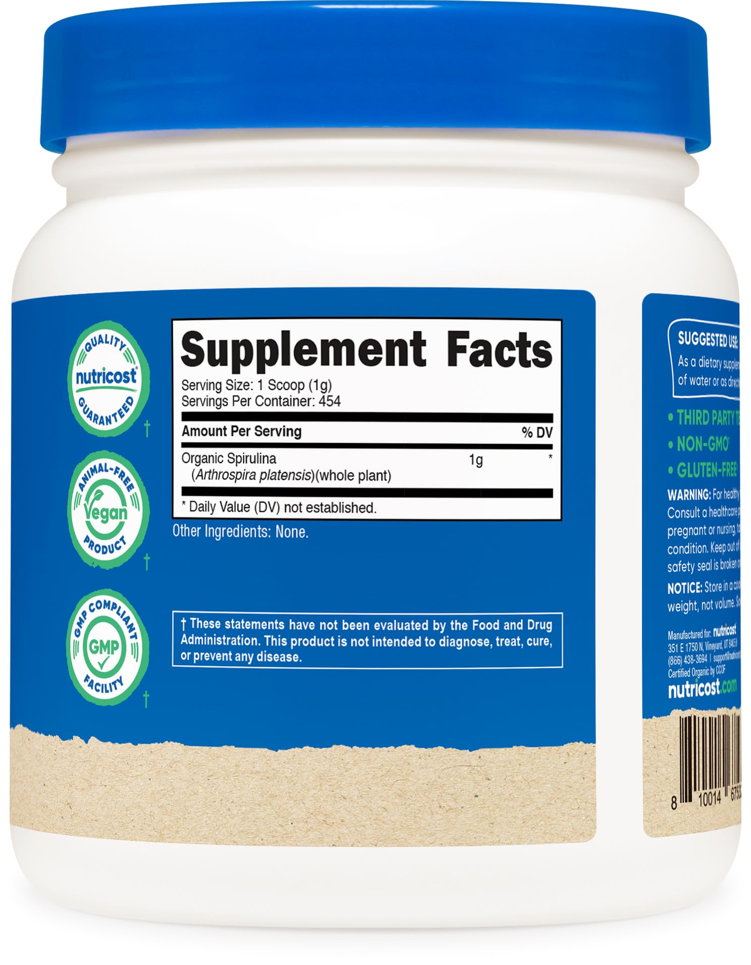 Nutricost spirulina powder in bowl, versatile superfood topping.