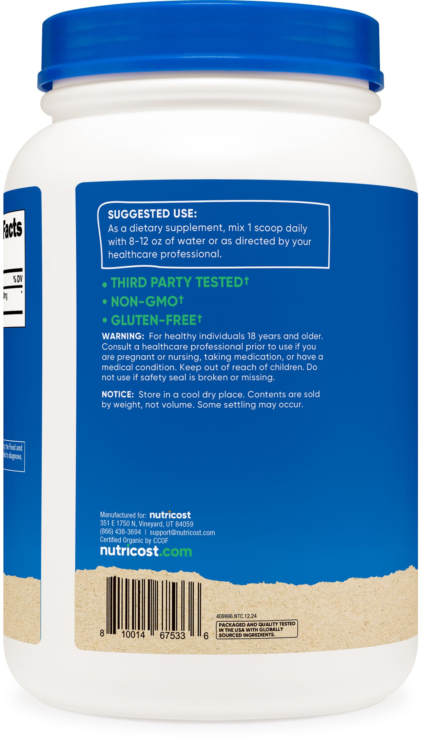 Nutricost spirulina powder being poured, convenient addition to beverages.