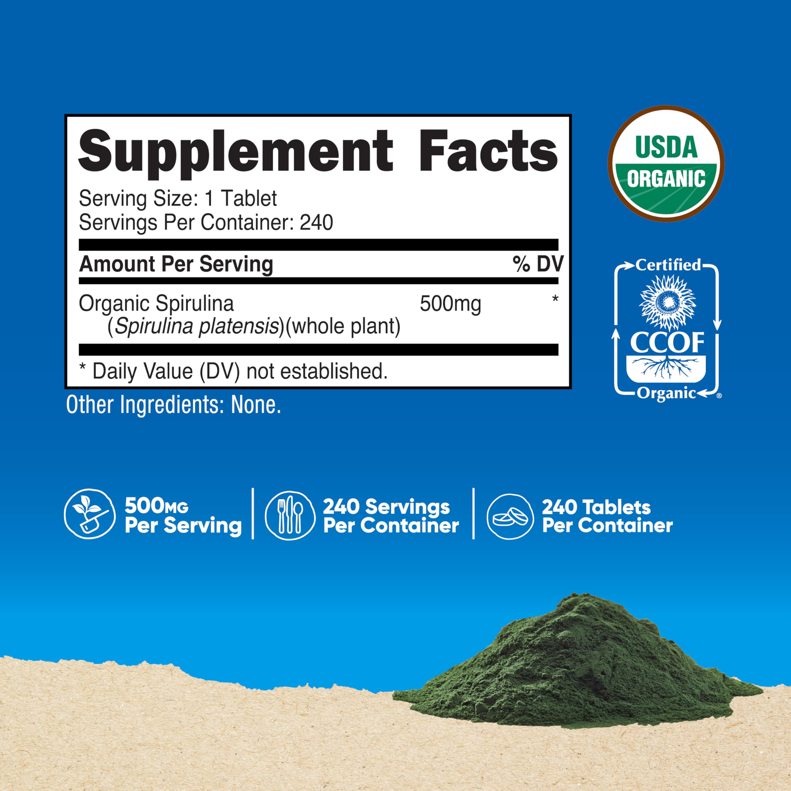 Nutricost spirulina tablets close-up shows uniform discs for convenient daily dosing.