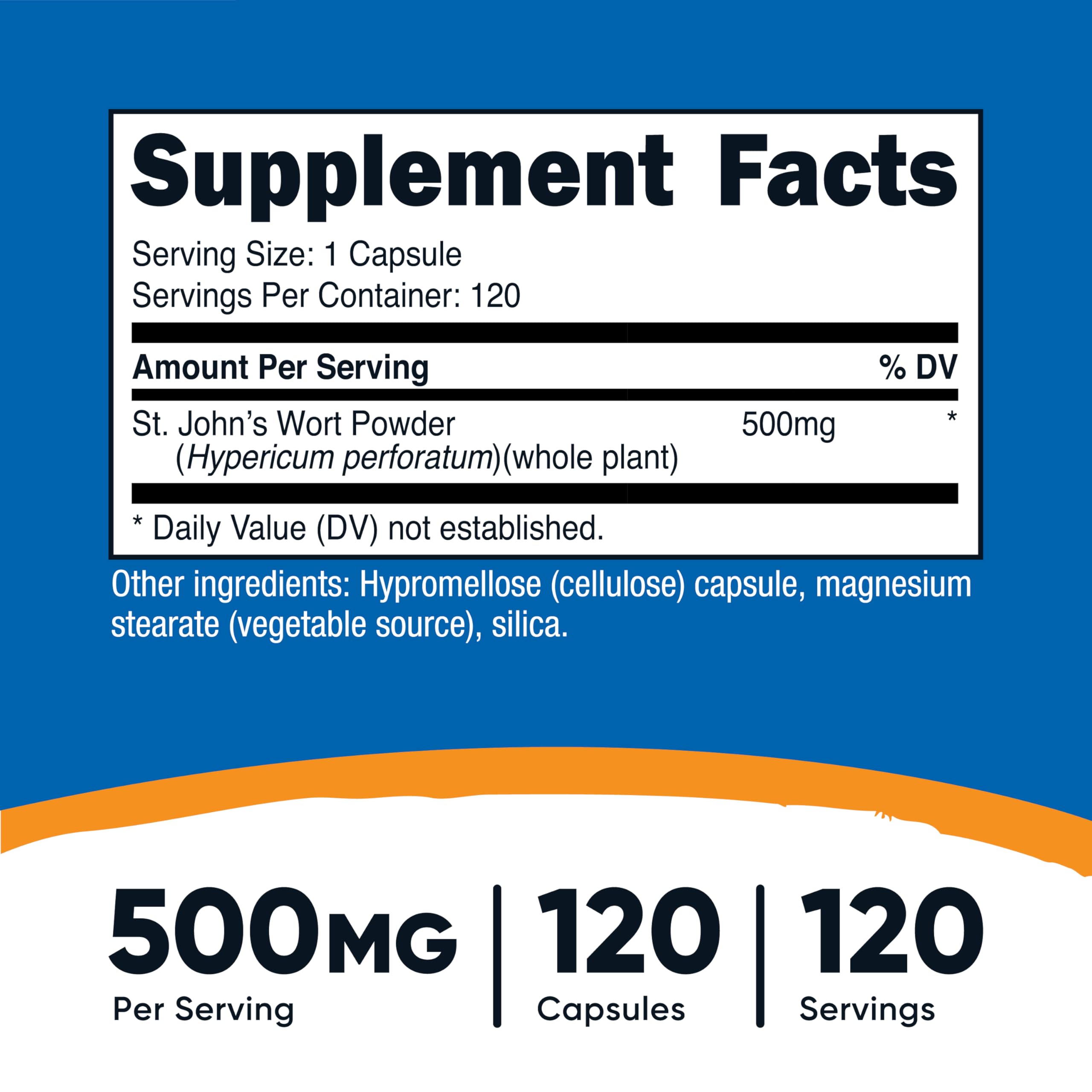 Nutricost St John's Wort capsules bottle label highlights 500mg per capsule.