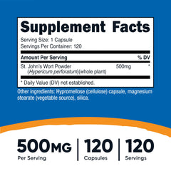 Nutricost St John's Wort capsules bottle label highlights 500mg per capsule.