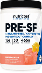 Nutricost Stim-Free Pre-Workout pink lemonade bottle for stimulant-free training