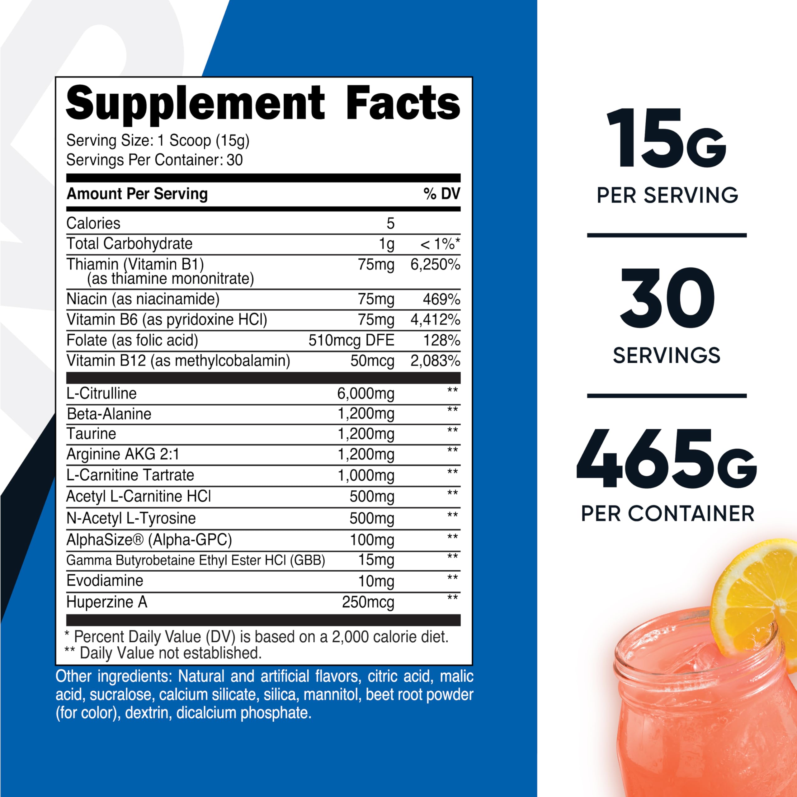 Powder scoop of Nutricost Stim-Free Pre-Workout highlighting 6,000 mg L-Citrulline