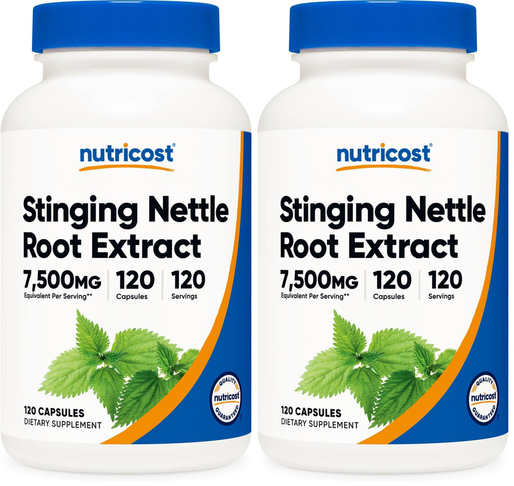 Nutricost stinging nettle root bottle with high potency 7500mg extract for daily wellness.