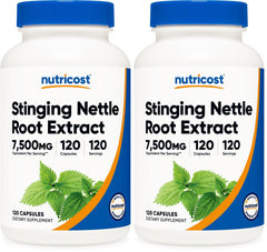 Nutricost stinging nettle root bottle with high potency 7500mg extract for daily wellness.