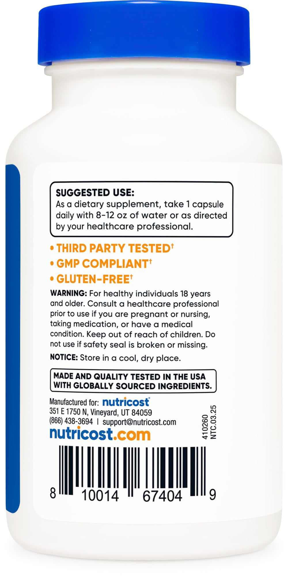 Label notes vegetarian friendly and gluten free formulation.