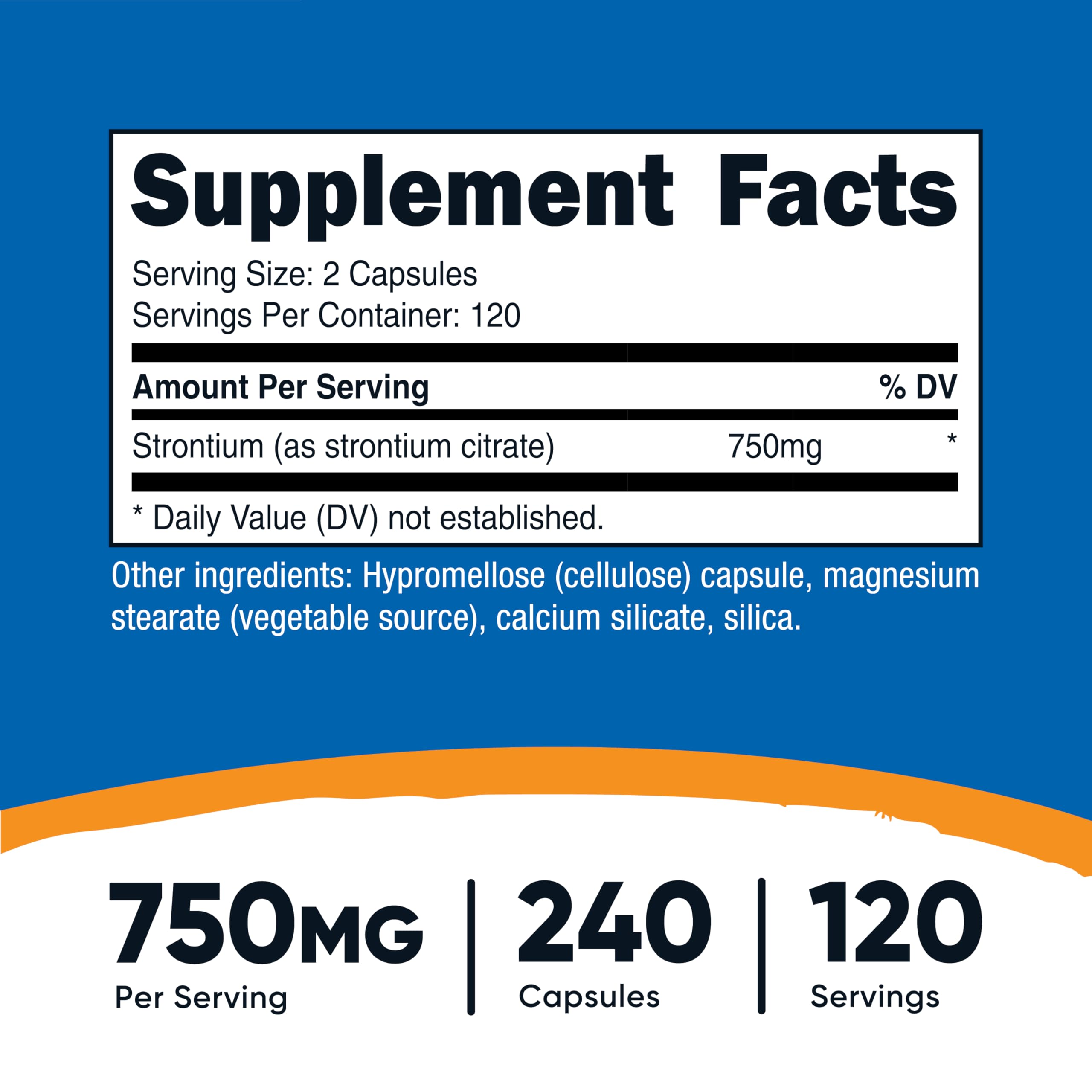 Nutricost Strontium label close-up highlighting vegetarian, non-GMO, gluten-free attributes