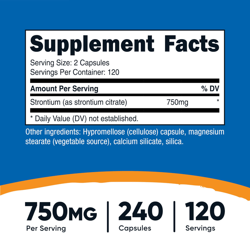 Nutricost Strontium label close-up highlighting vegetarian, non-GMO, gluten-free attributes