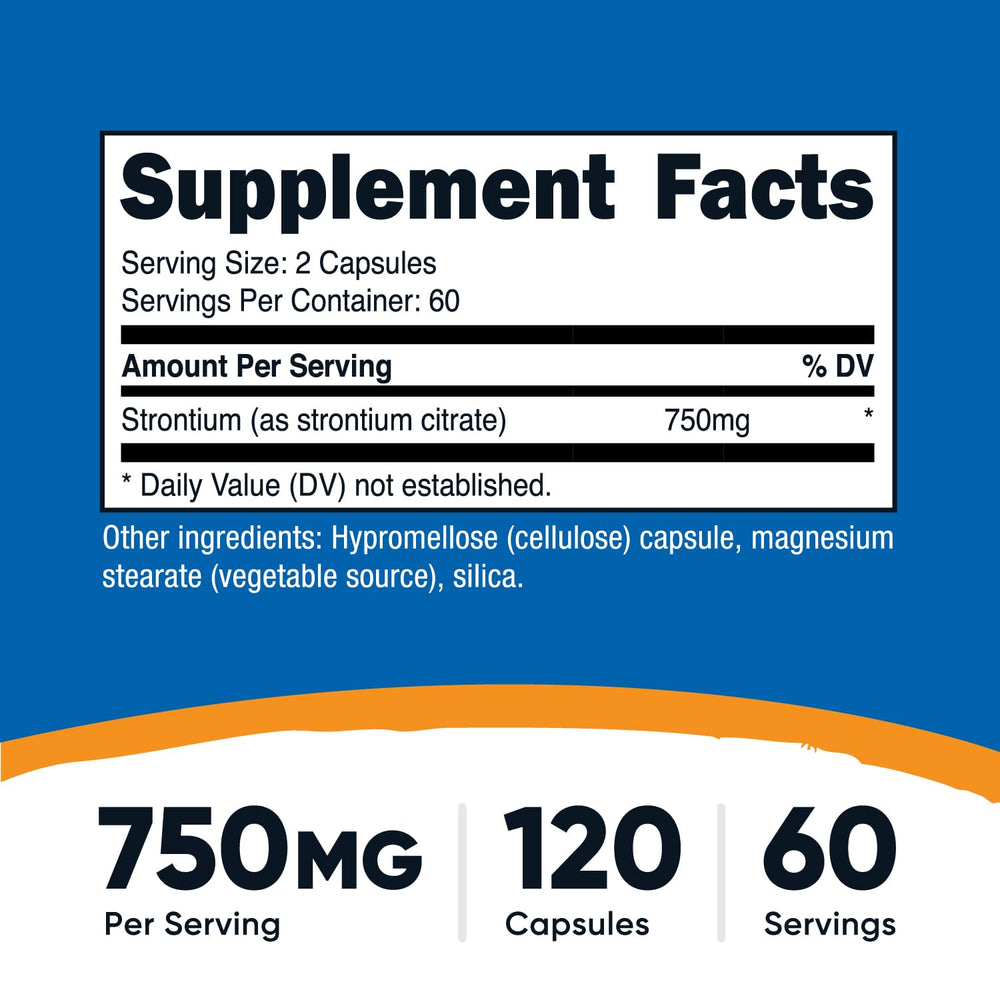Nutricost Strontium Capsules label with GMP-FDA manufacturing details