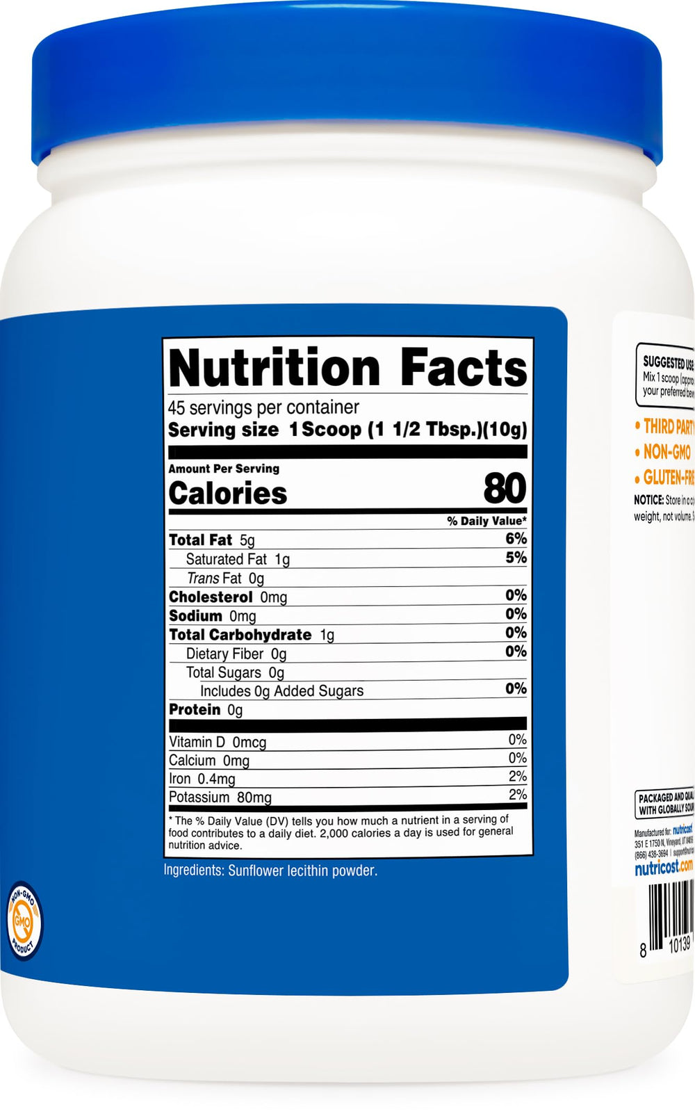 Nutricost Sunflower Lecithin from GMP facility with third-party testing.