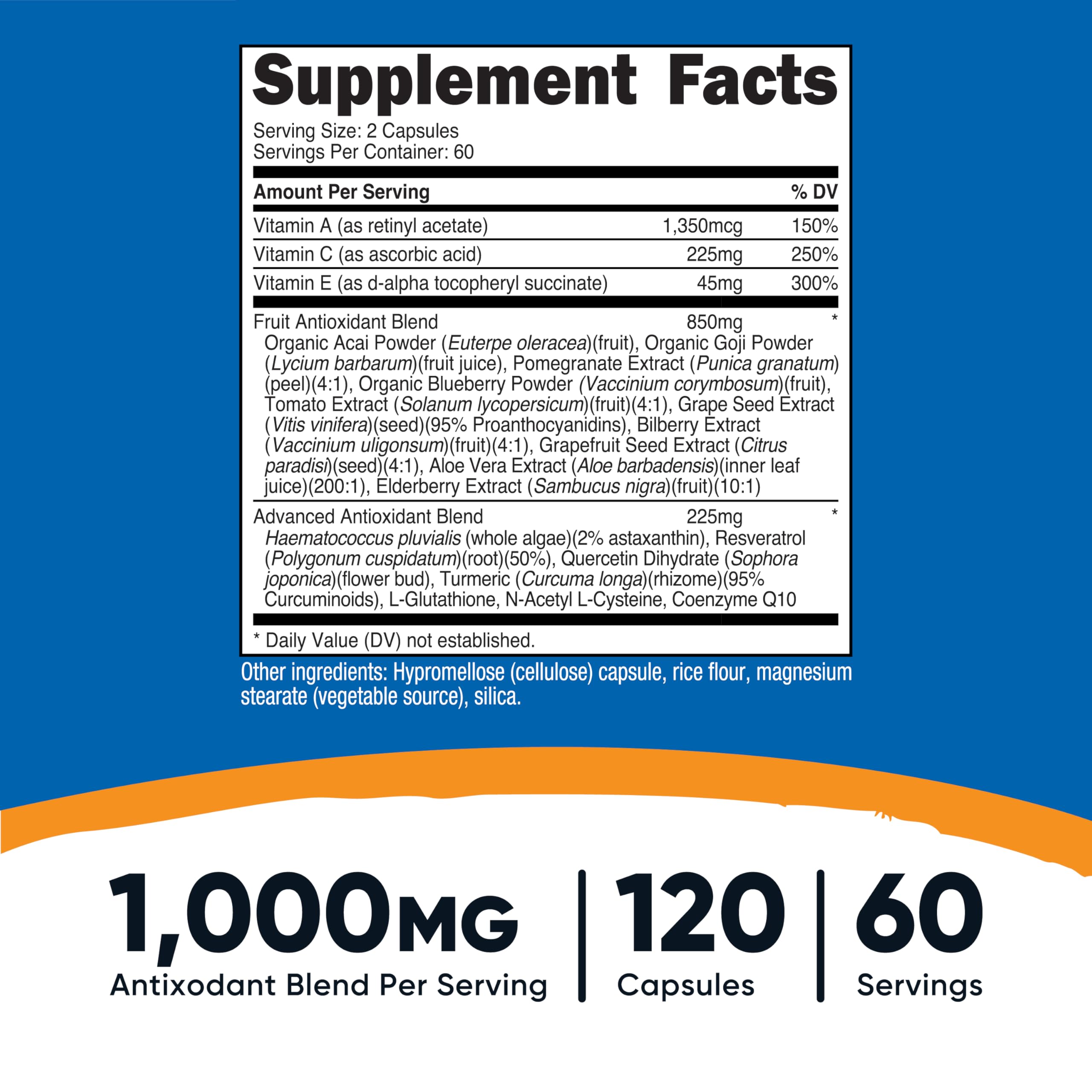 Nutricost Super Antioxidants capsules closeup highlighting an easy-to-swallow formula for daily use