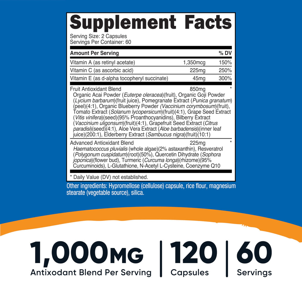 Nutricost Super Antioxidants capsules closeup highlighting an easy-to-swallow formula for daily use