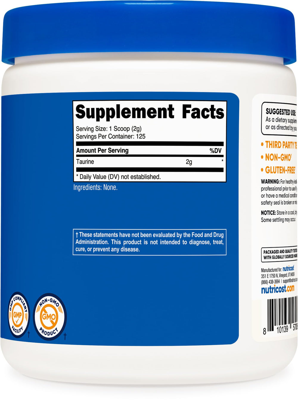 Nutricost Taurina envase con certificaciones de seguridad y calidad.