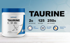 Nutricost Taurina etiqueta muestra ingredientes y datos de calidad.