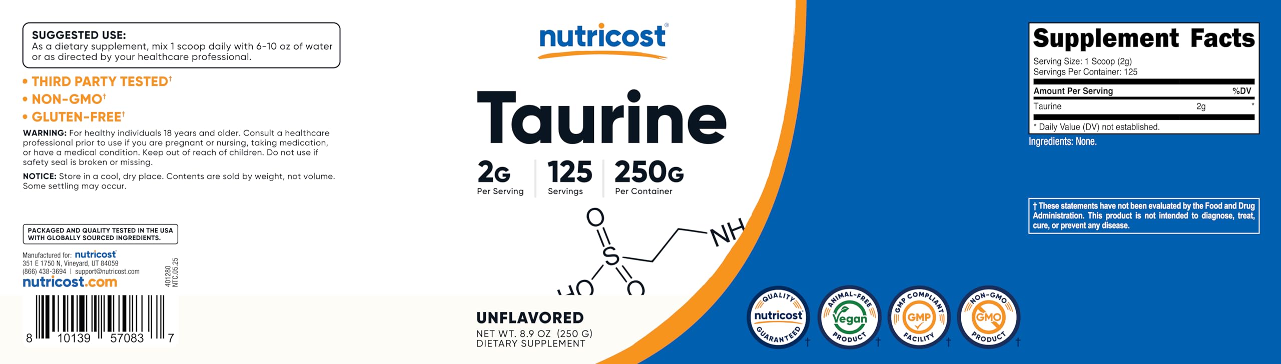 Nutricost Taurina se mezcla fácilmente en bebida para consumo rápido.