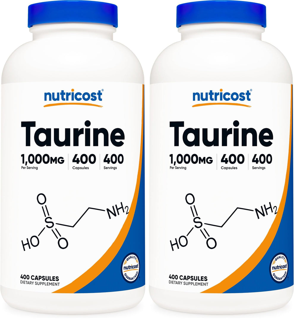 Nutricost Taurine 1000mg bottle front shows a high-potency supplement option for daily support.