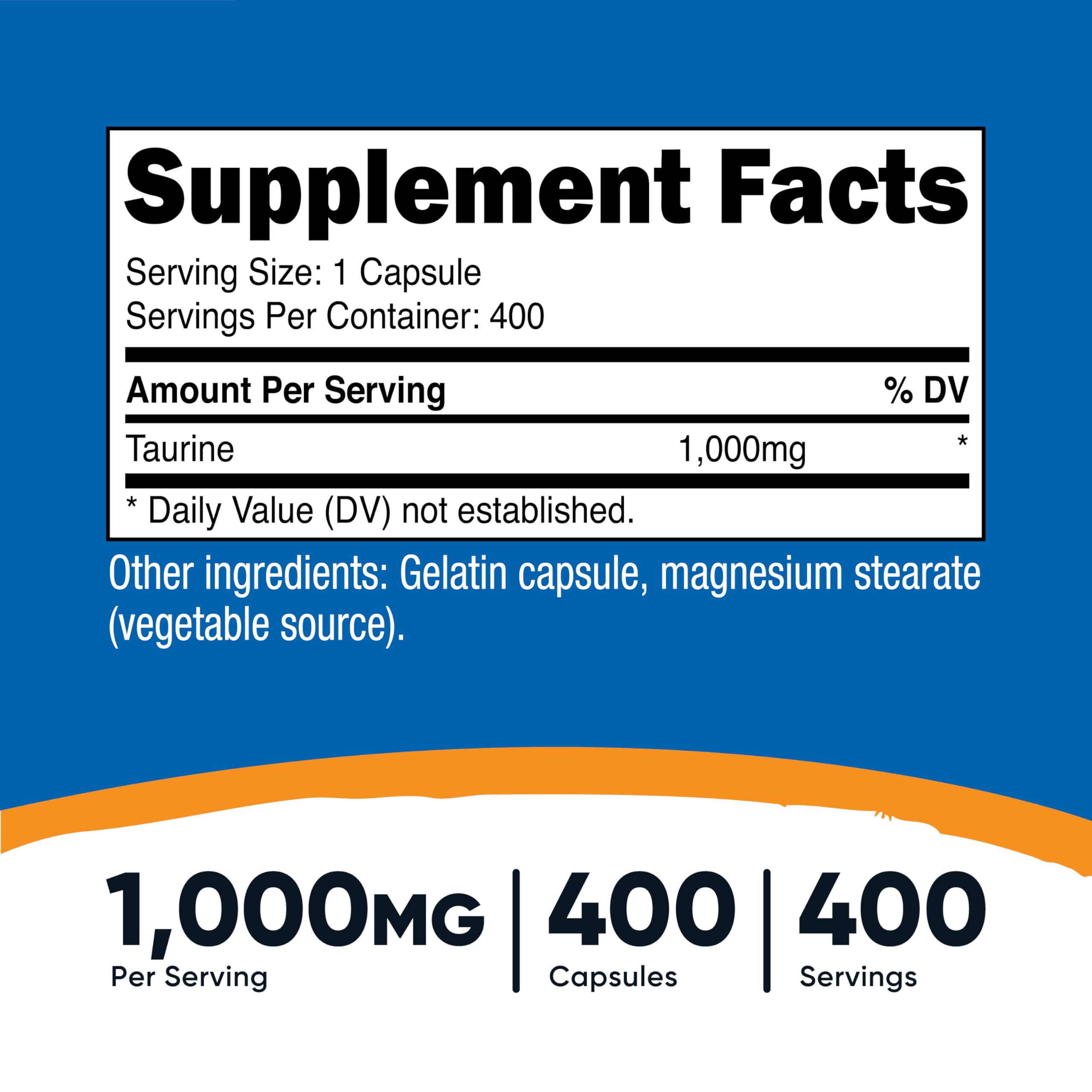 Nutricost Taurine 1000mg capsules closeup showing easy-to-swallow capsules