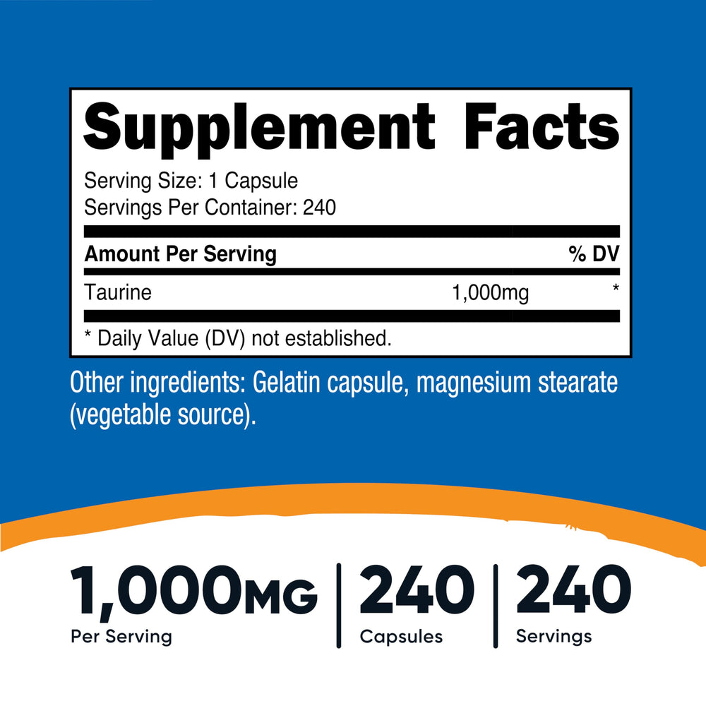 Nutricost Taurine bottle with 240 capsules for convenient daily use
