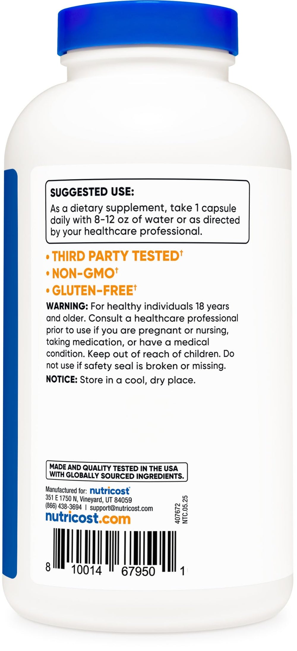 Nutricost Taurine label Gluten Free and Non-GMO highlight product purity and quality.