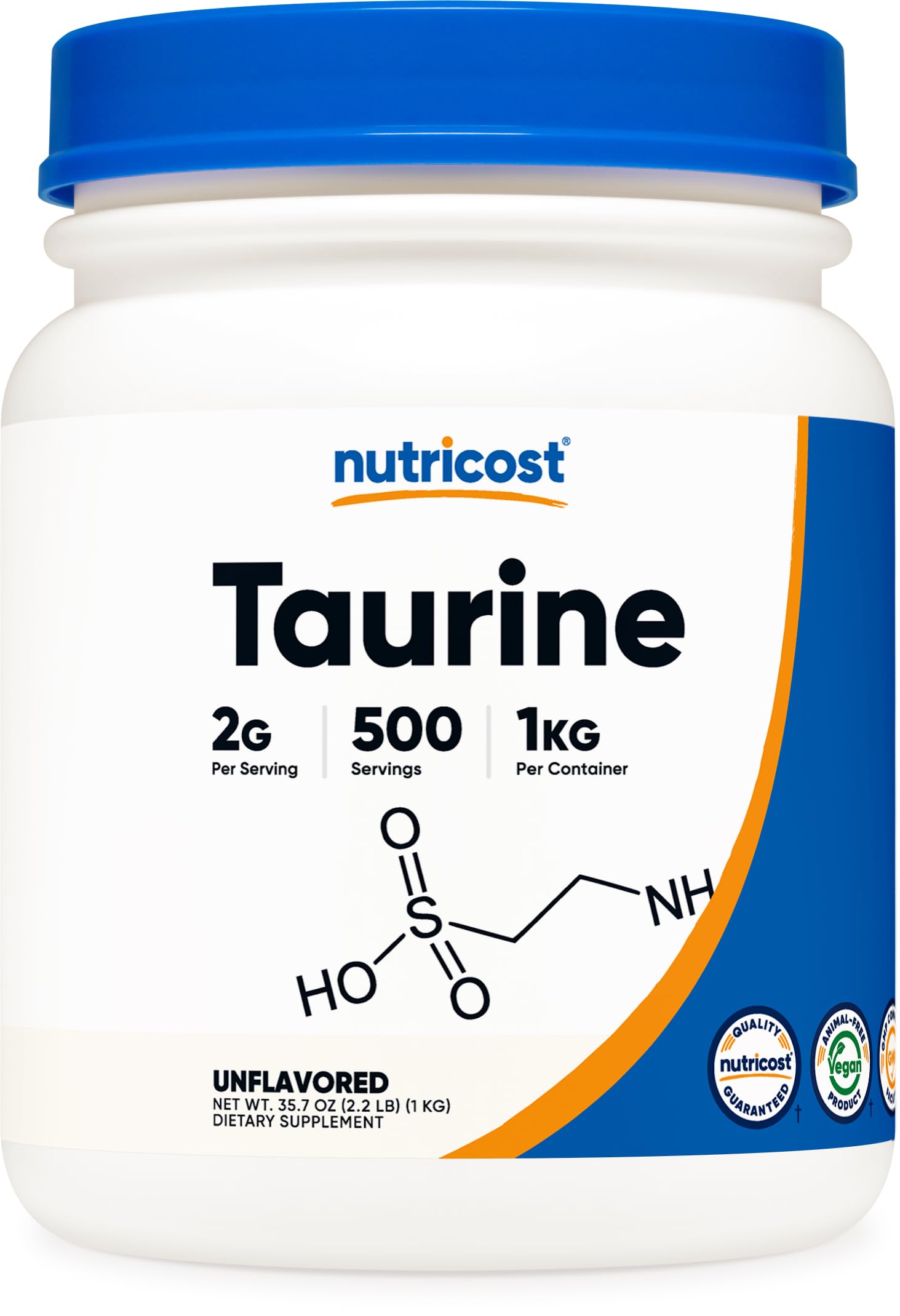 Nutricost Taurine Powder bottle with label showing a clear container for workouts