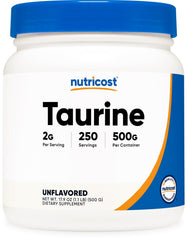 Nutricost Taurine powder bottle showing 500 g supply for easy dosing