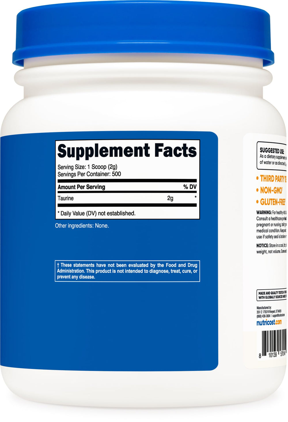 Nutricost Taurine Powder package details including scoop and serving guidance