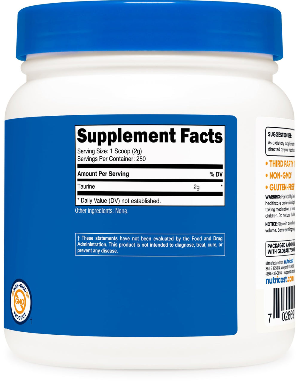 Nutricost Taurine powder packaging on kitchen counter for daily use