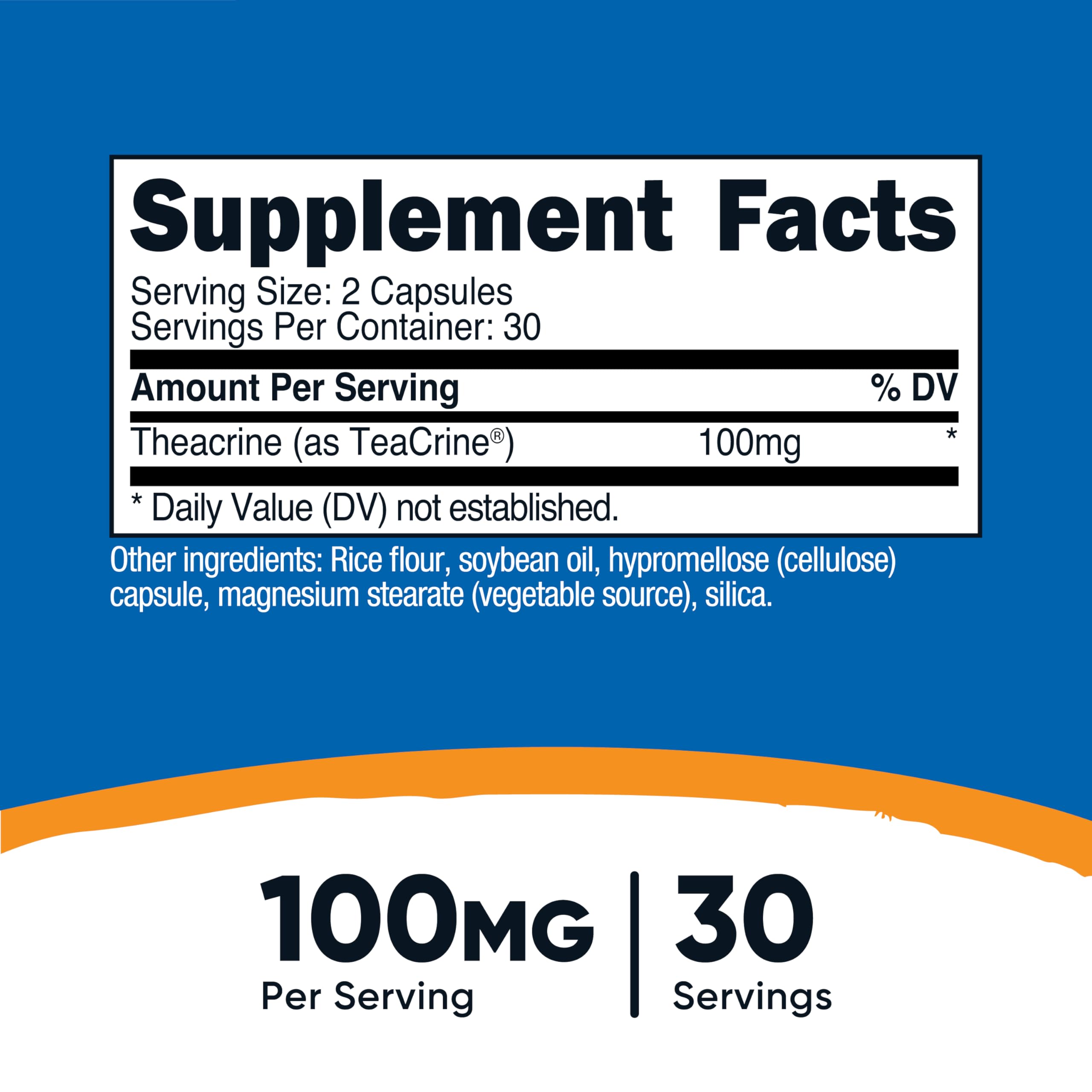 Nutricost Theacrine capsules close-up highlighting vegan, GMO-free formula.