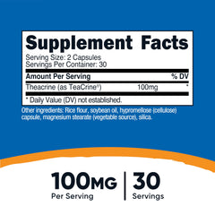 Nutricost Theacrine capsules close-up highlighting vegan, GMO-free formula.