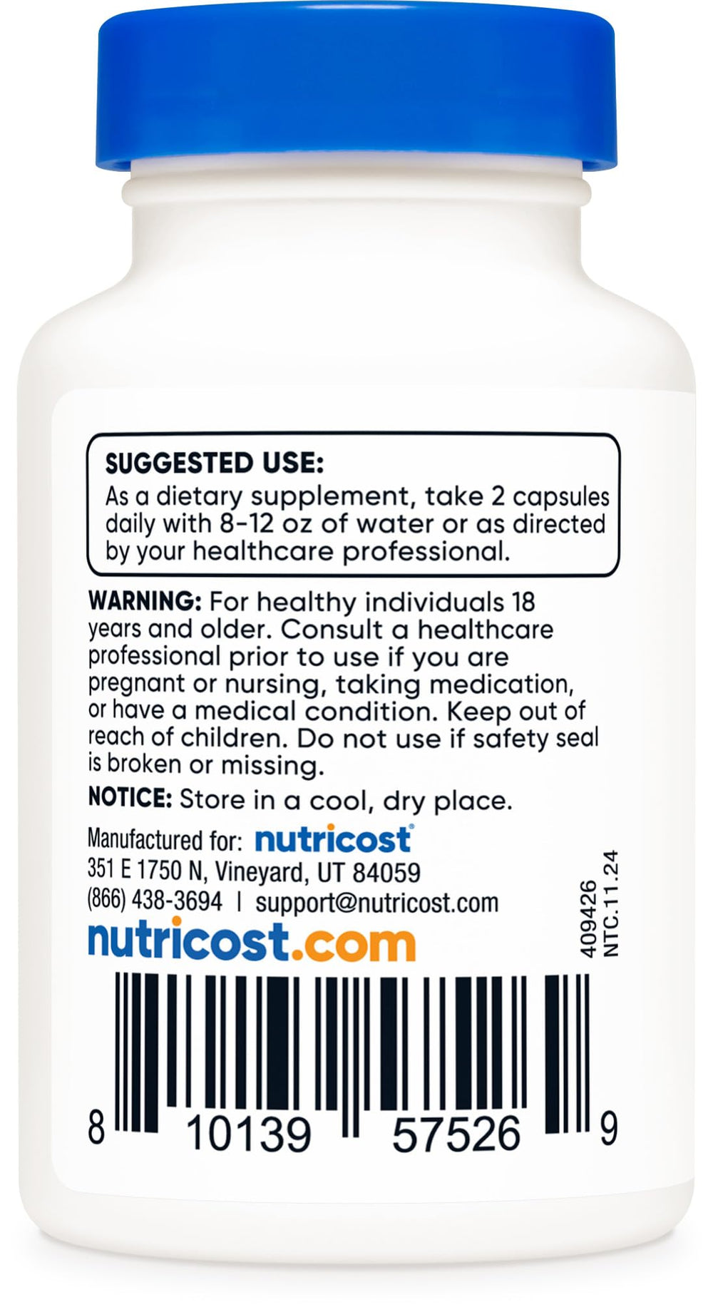 Nutricost Theacrine capsules being poured for a daily two-capsule serving.