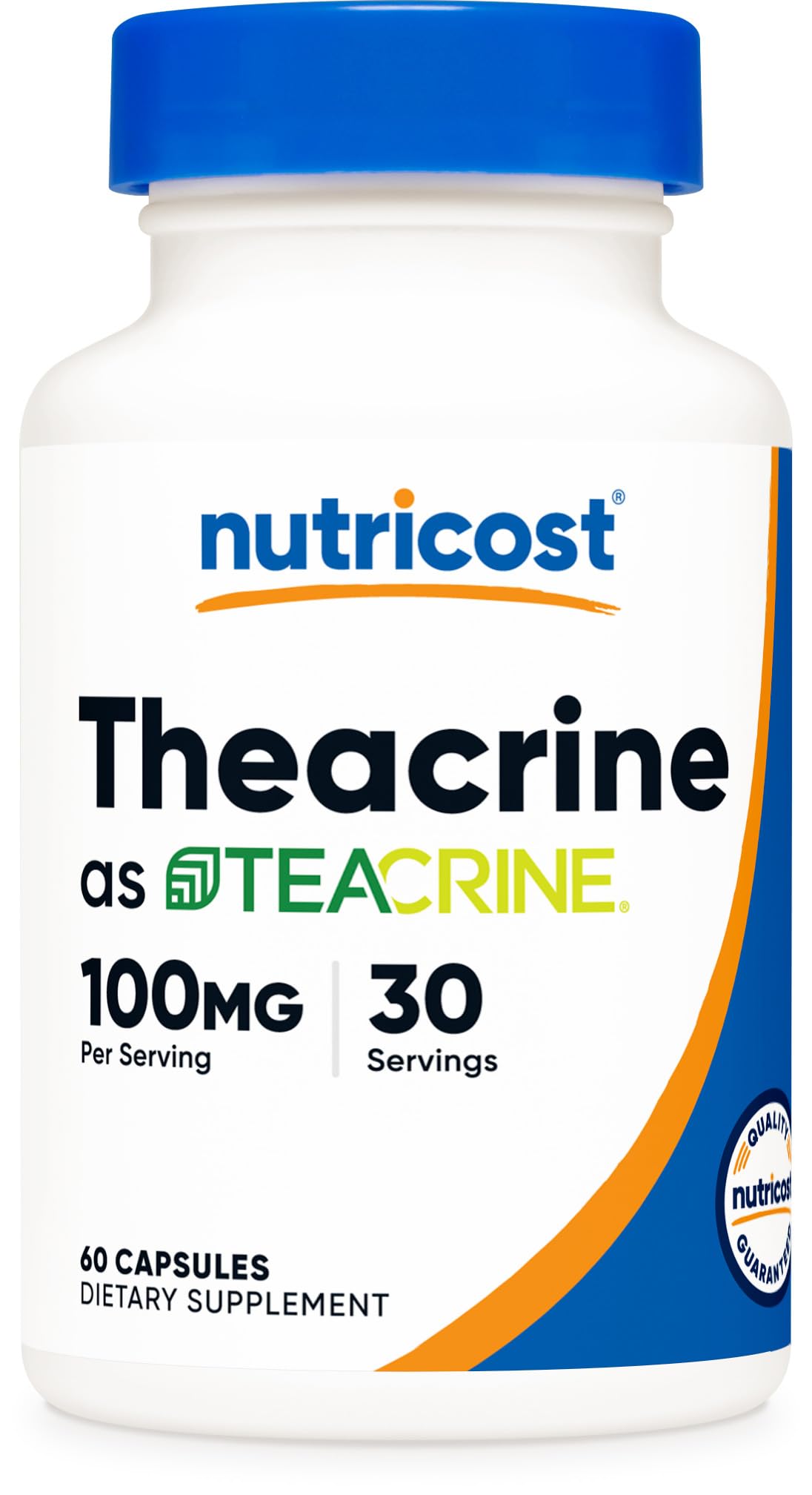 Nutricost Theacrine Teacrine bottle showing 60 vegan capsules for a 30-day supply.