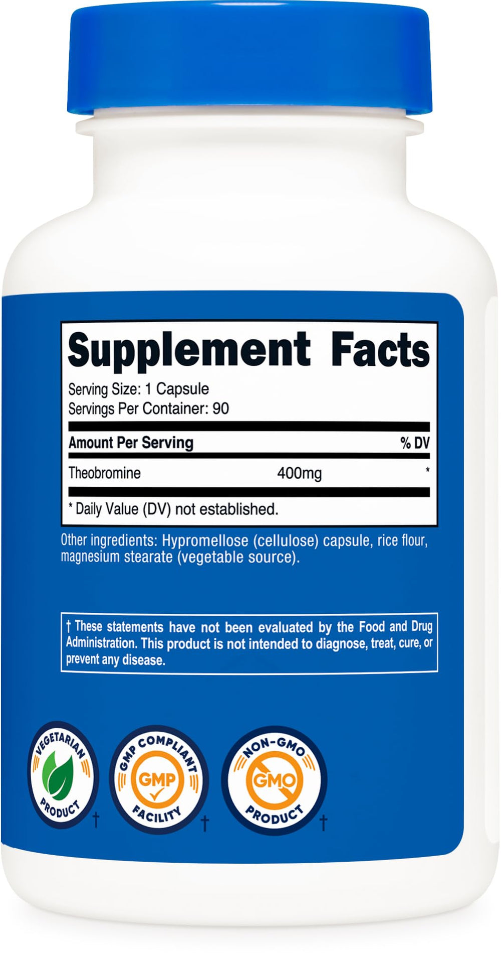 Nutricost Theobromine 400mg bottle on a kitchen counter for easy daily use.