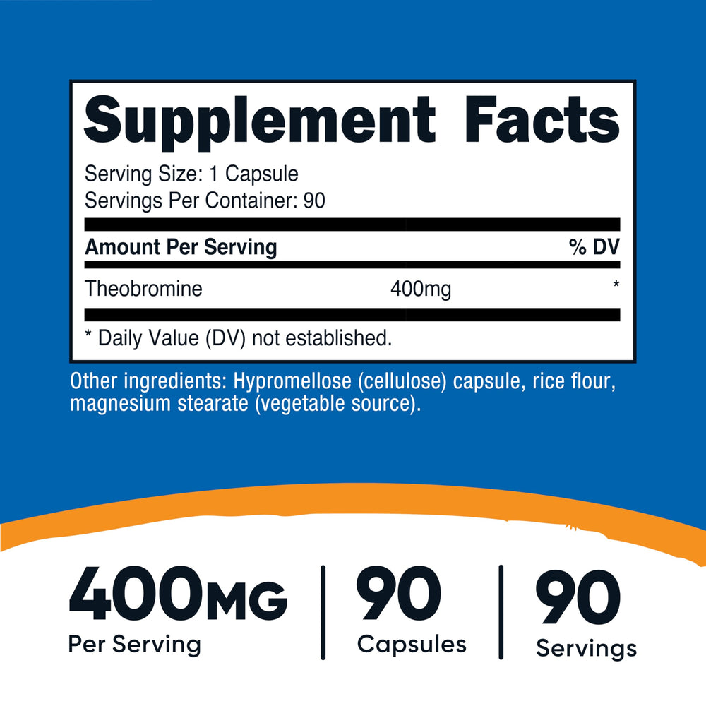 Nutricost Theobromine 400mg capsules closeup showing vegetarian capsules.