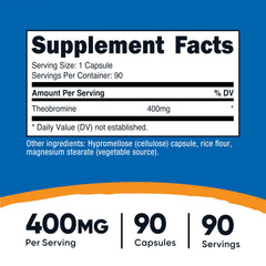 Nutricost Theobromine 400mg capsules closeup showing vegetarian capsules.