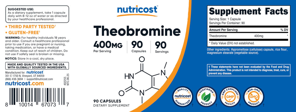 Nutricost Theobromine 400mg packaging beside a workout bag for daytime energy.